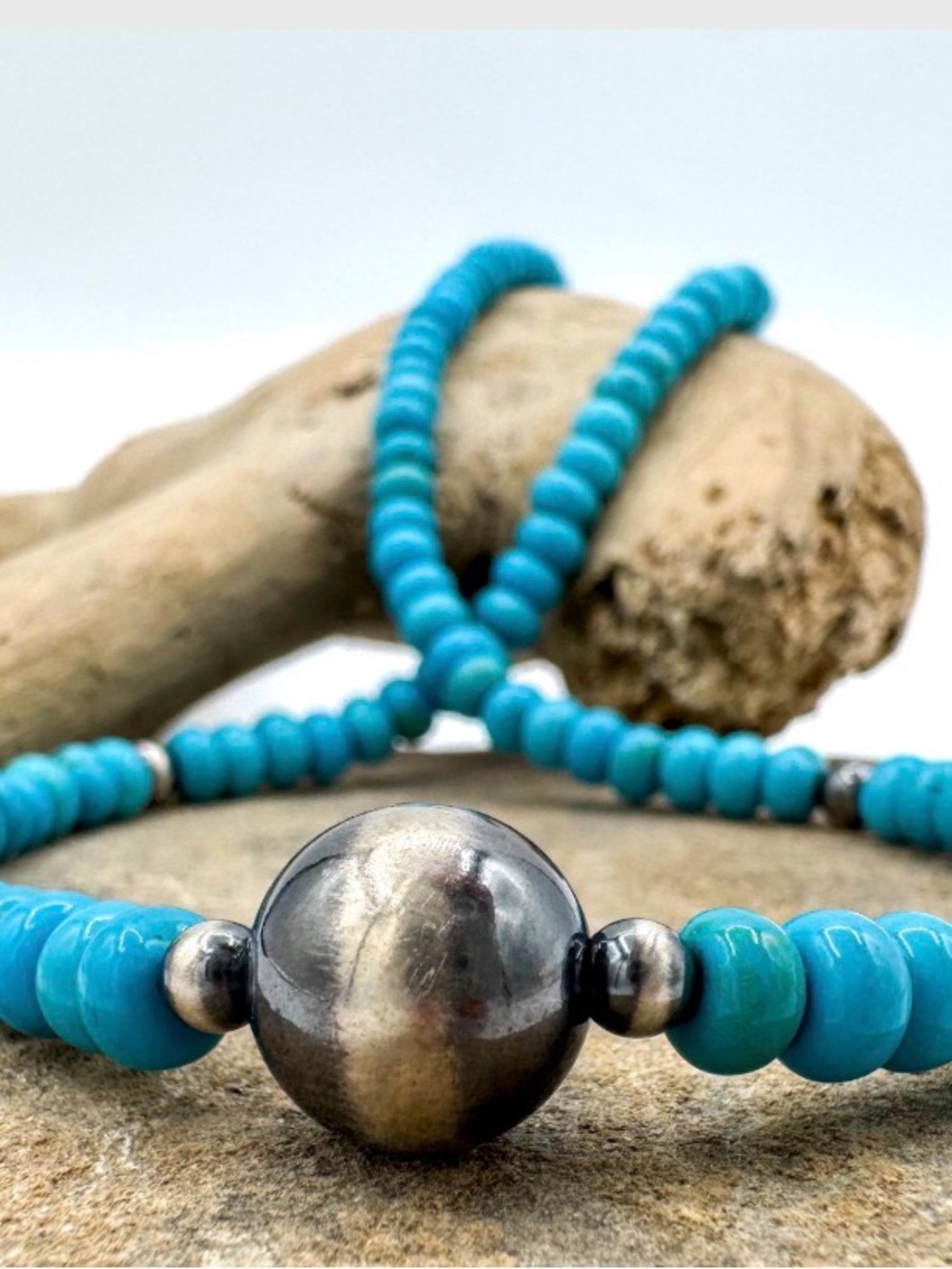 Turquoise + Navajo Pearl Beaded Necklace, Sterling Silver  (T26)